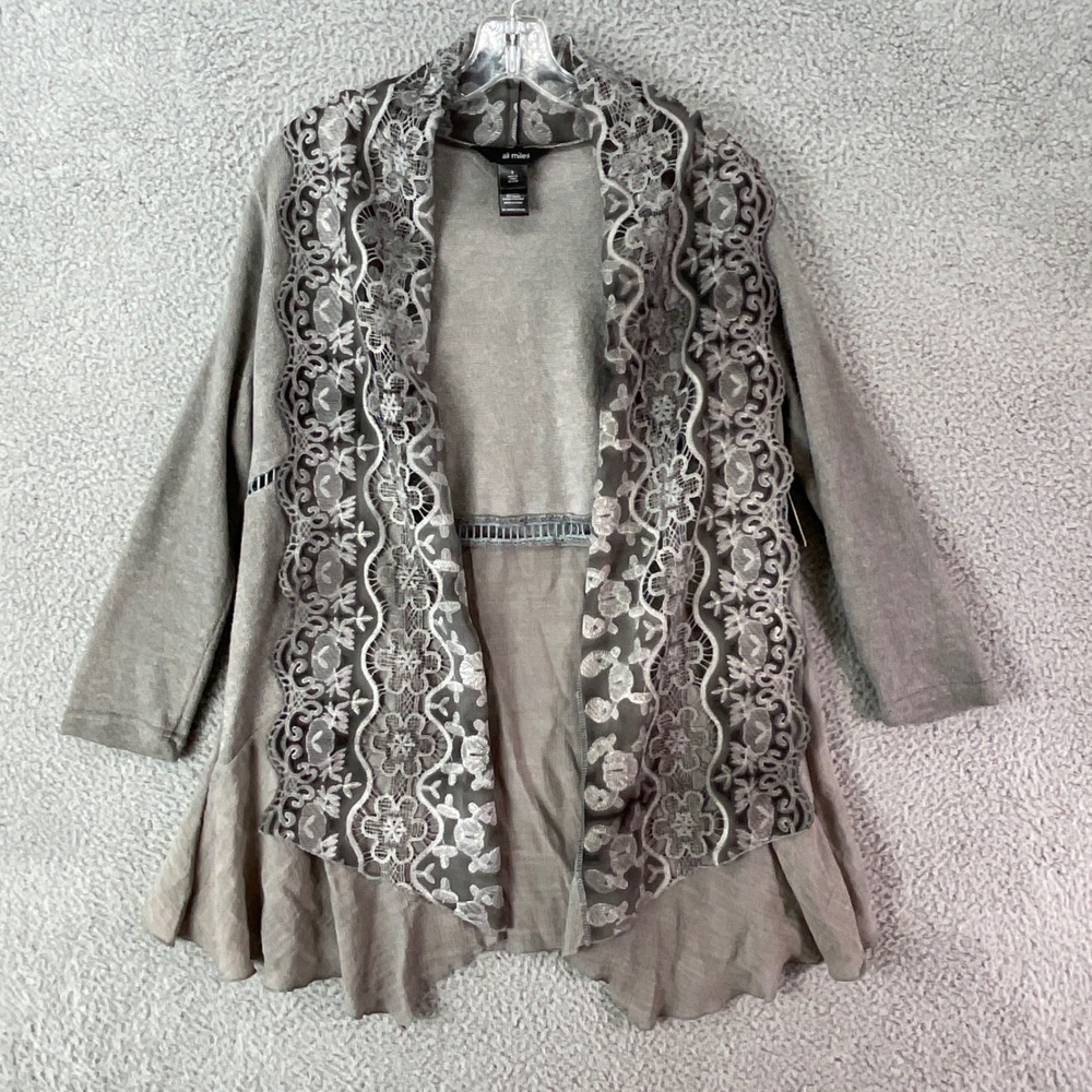 Ali Miles Cardigan Womens S‎ Grey New Lace Trim Open Front Ruffle Mixed Media